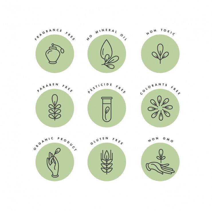 Satz von Logos, Abzeichen und Symbolen für natürliche und biologische Produkte. Eco Safe Sign Design. Sammlungssymbol für gesunde Produkte.