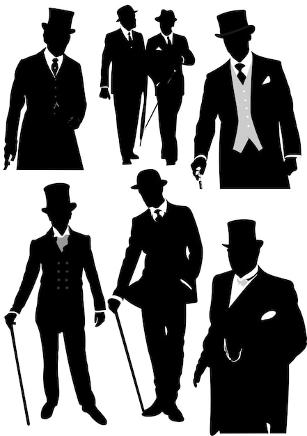 Vektor satz von londoner gentlemen-silhouetten bw-vektorillustration