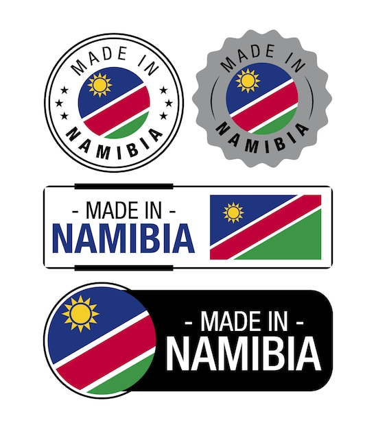 Satz von Made in Namibia-Etiketten, Logo, Namibia-Flagge, Namibia-Produktemblem