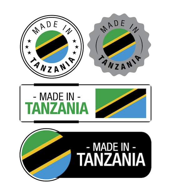 Vektor satz von made in tansania-etiketten, logo, tansania-flagge, tansania-produktemblem