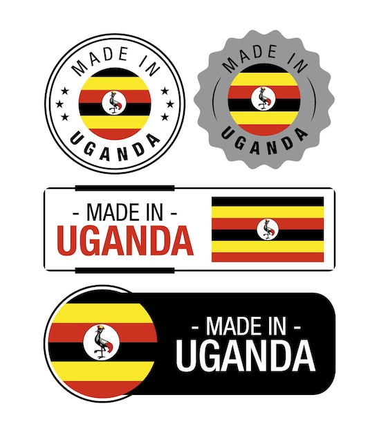 Vektor satz von made in uganda-etiketten, logo, uganda-flagge, uganda-produktemblem