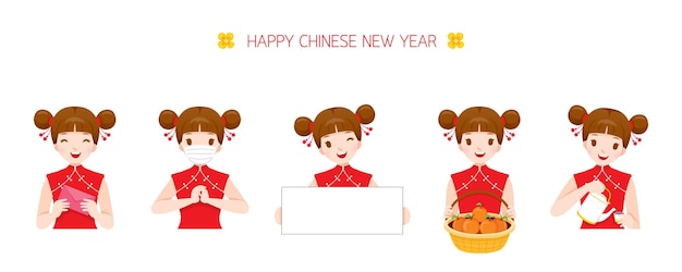 Satz von mädchen mit aktivitäten zum chinesischen neujahr