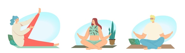 Satz von männlichen und weiblichen Charakteren Yoga, Sportaktivitäten und Meditation. Menschen, die Sport treiben, Sport treiben, Fitness, Training in verschiedenen Posen, Stretching, gesunder Lebensstil. Cartoon-Vektor-Illustration