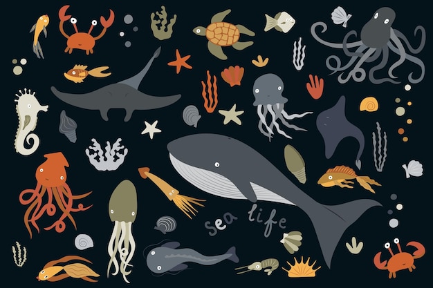 Satz von meerestieren und wasserpflanzen cartoon sea life vector illustration isoliert auf schwarz