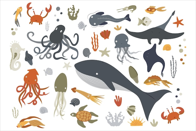 Satz von Meerestieren und Wasserpflanzen Cartoon Sea Life Vector Illustration isoliert auf Schwarz