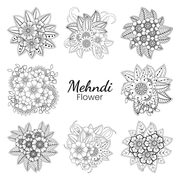 Satz von mehndi blume in ethnisch orientalischem stil gekritzel ornament umriss hand zeichnen illustration malbuch seite