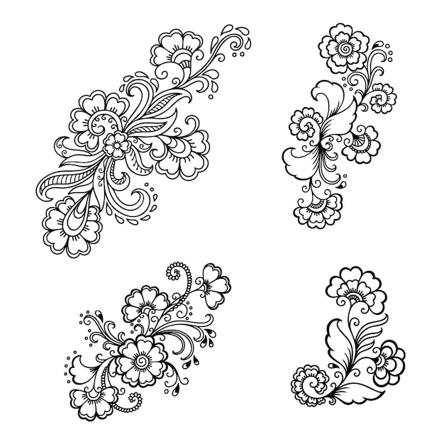 Satz von mehndi-blumenmuster. dekoration im ethnisch orientalischen, indischen stil. gekritzel-ornament. umreißen sie hand zeichnen abbildung.