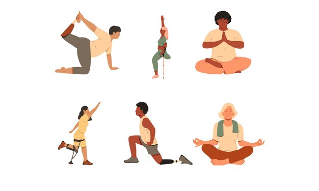 Vektor satz von menschen, die yoga praktizieren. vektorillustration im flachen cartoon-stil