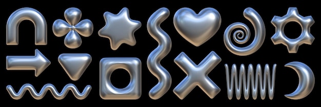 Satz von Metallfiguren im 3D-Stil, aufgeblähte Formen mit verchromter flüssiger Textur des Y2K