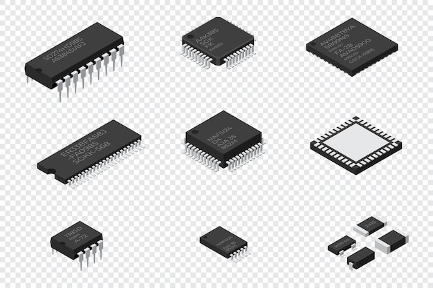 Satz von Mikrochip-Computer-elektronischen Komponenten Mikrochip-Symbol Computerprozessor-Technologie Mikroprozessor Sammlung von Mikrochips