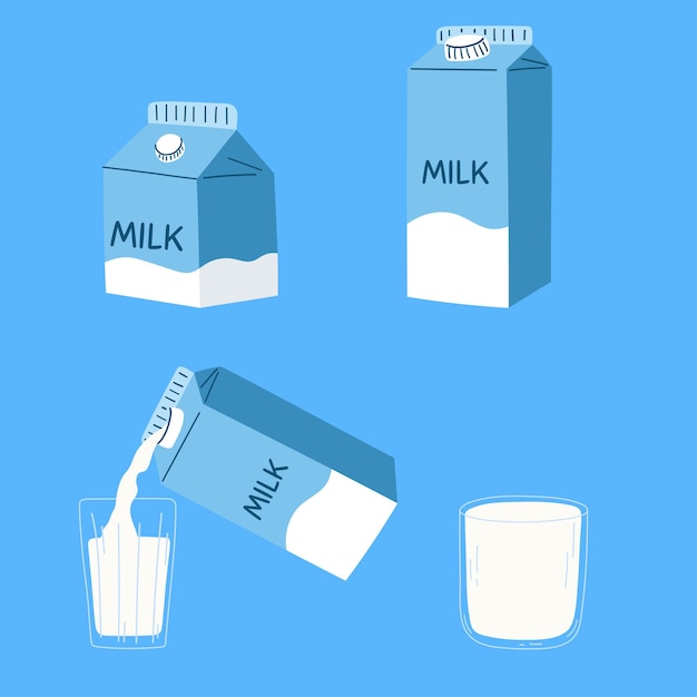 Vektor satz von milchverpackungen und glas vektor-illustration eines milchprodukts im flachen stil