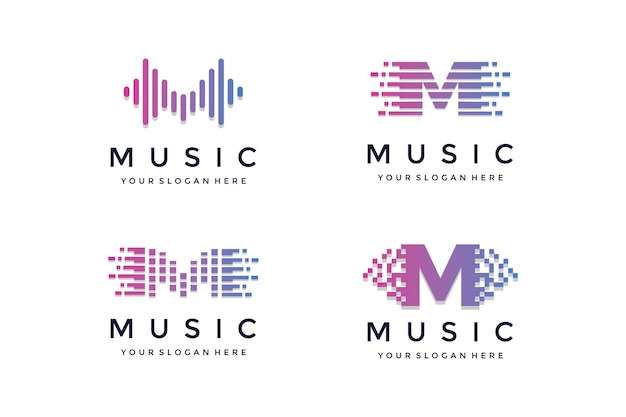 Satz von musik-logo-vorlagen buchstabe m mit puls, musik-player-elemente, elektronische musik-logo-vorlagen, equalizer, audio-wellen-logo-konzept