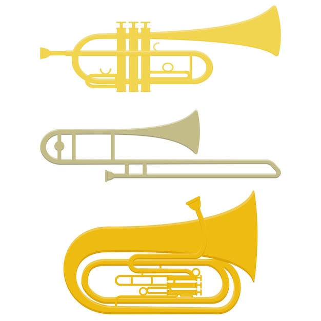 Satz von Musikblasinstrumenten Trompete Posaune Tuba, Farbe isolierte Vektorillustration