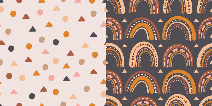 Vektor satz von mustern mit niedlichen regenbögen im boho-stil vektorregenbögen und geometrische formen