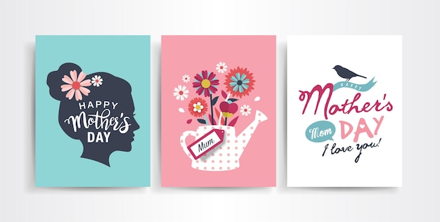 Satz von Muttertags-Grüßkarten mit geschnittenen Blumen und Typografie
