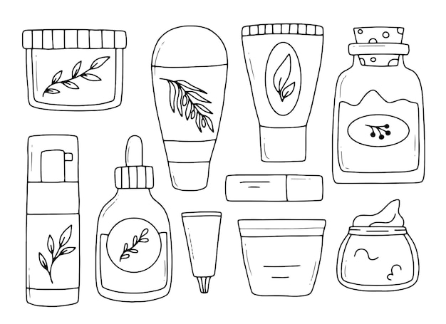 Satz von naturkosmetik sammlung von bio-kosmetik für die hautpflege kräuterkosmetik vektor-illustration doodle-stil