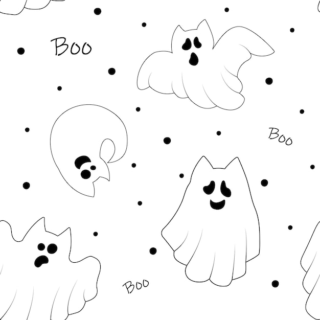 Satz von niedlichen Geisterkatzen nahtlose Muster von niedlichen fliegenden Kätzchen Geist Halloween-Haustiere Boo Cartoon