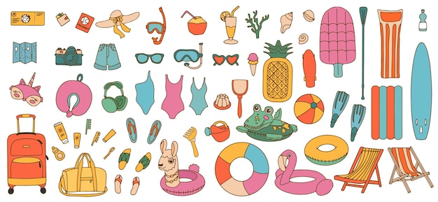 Satz von niedlichen Sommer-Doodle-Ikonen, leuchtende Elemente der Sommerparty, Satz von Strand- und Reiseaccessoires