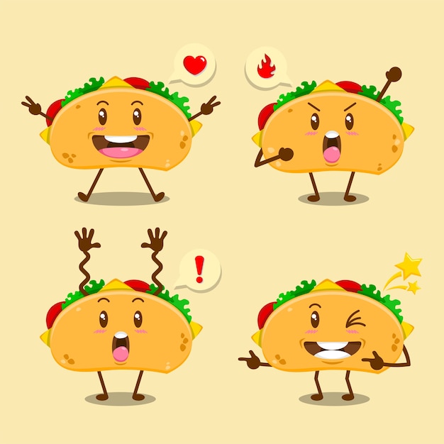 Vektor satz von niedlichen tacos mit verschiedenen ausdrücken illustration