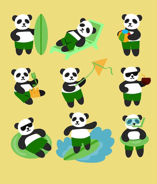 Vektor satz von pandas am strand vektorgrafik isoliert auf farbigem hintergrund design-menü-poster-broschüre