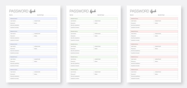 Satz von passwort-logbuch-tracker minimalistische planerseiten-vorlagen druckbares passwort-logbuch