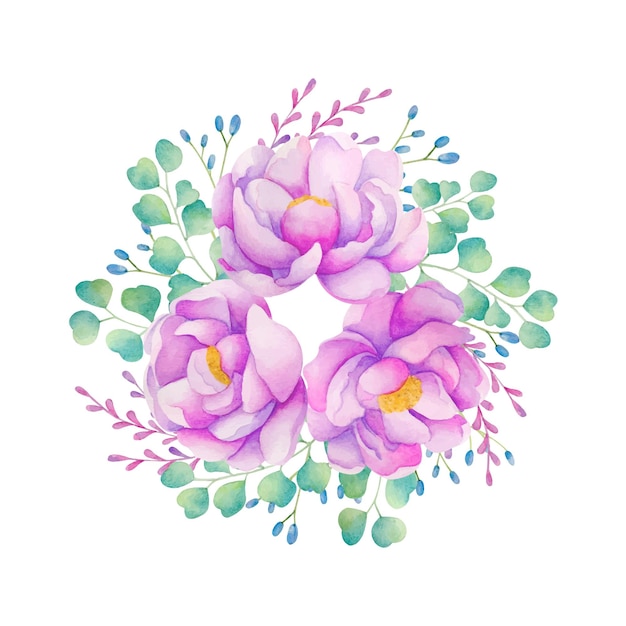Satz von Pfingstrosen und Eukalyptus-Aquarellillustration