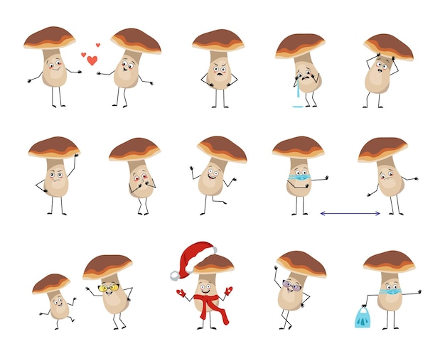 Satz von pilzfiguren mit emotionen, gesicht, händen und füßen. eine fröhliche oder traurige waldpflanze mit augen verliebt sich, der held hält in einer maske abstand, tanzt in einer weihnachtsmütze