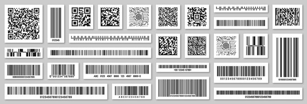 Vektor satz von produkt-barcodes und qr-codes identifikation tracking-code seriennummer produkt-id mit