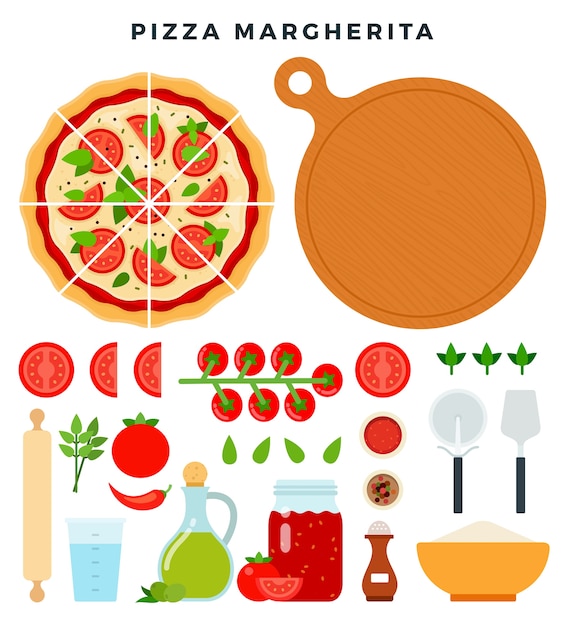 Vektor satz von produkten und werkzeugen für die pizzaherstellung lokalisiert auf weiß