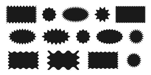 Satz von Rahmen mit Zickzack-Kanten, Muschelformen, schwarze Silhouette, Etikett-Set, leere wellenförmige Geometrie