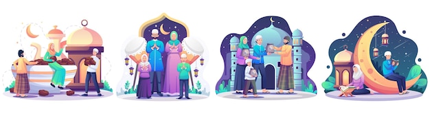 Satz von ramadan-konzeptillustration muslimische menschen feiern die illustration des heiligen monats ramadan