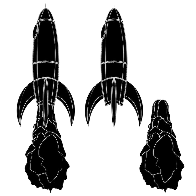 Vektor satz von raumschiff schwarze silhouette mit rauch isoliert designelement für weltraumraketen