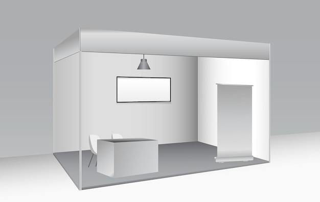 Satz von realistischen Ausstellungsständen oder weißen Blank-Ausstellungskiosken oder Standständen für Unternehmen