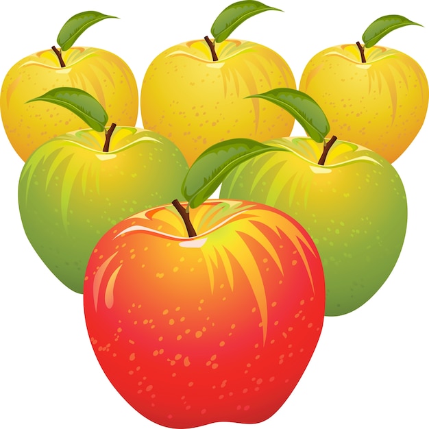 Satz von roten, gelben, grünen, reifen, saftigen äpfeln isoliert
