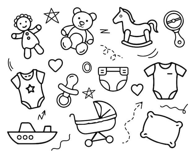 Satz von Schrägelelementen von Kinderartikeln und Zubehörzeichnungen für Neugeborene