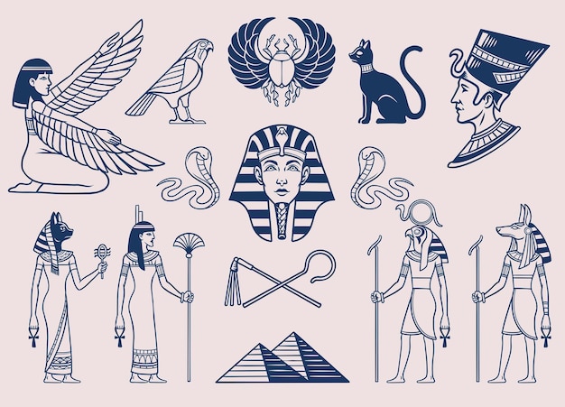 Vektor satz von schwarz-weiß-stil altägyptischer objekte