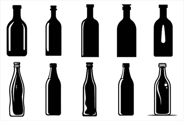 Satz von schwarz-weißen Flaschen-Silhouetten auf weißem Hintergrund Vektorillustration