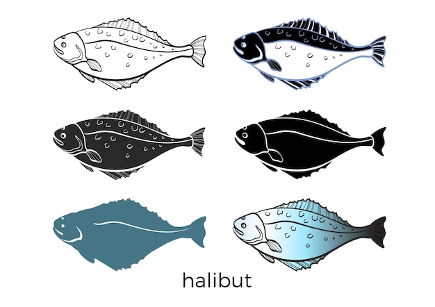Satz von seefisch heilbutt vektorform meeresfrüchte skizze silhouette illustration