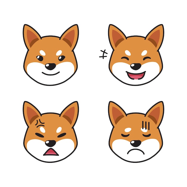 Satz von shiba inu hundegesichtern, die verschiedene emotionen zeigen