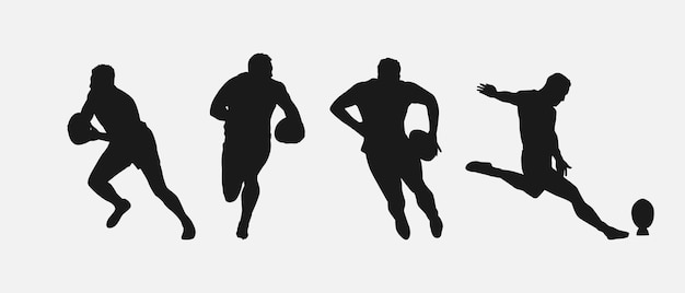 Satz von Silhouetten von männlichen Rugby-Athleten mit verschiedenen Posen, Gesten und Vektorillustrationen