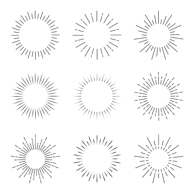 Satz von sonnenstrahlen starburst-hintergrund sunburst-symbole für sommerelement festgelegt