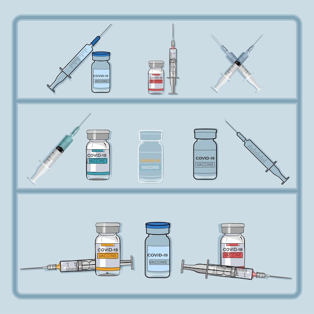 Vektor satz von spritzen- und nadelvektorsymbolen für covid-19-impfstoffflaschen