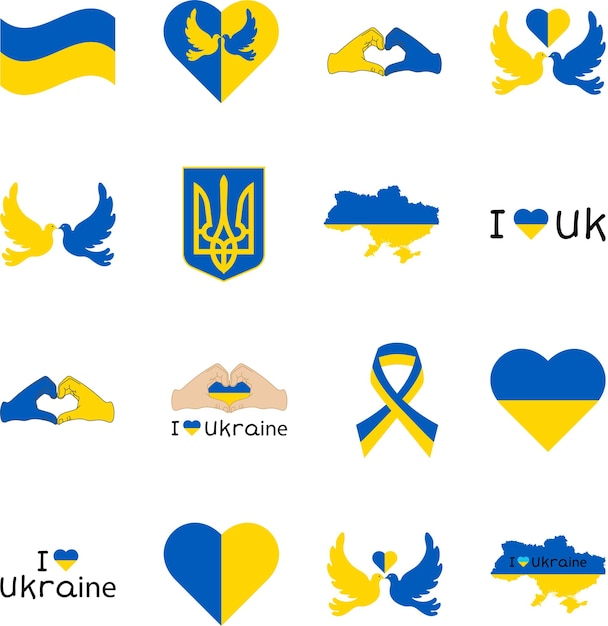 Vektor satz von staatssymbolen der ukrainischen wappenflagge karte taube band herz antikriegssatz ukrainischer wa