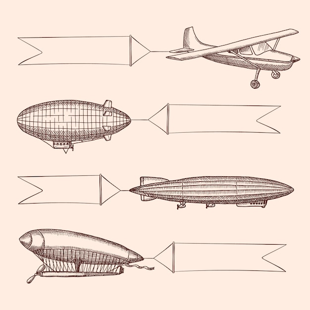 Satz von Steampunk handgezeichnete Vintage Luftschiffe und Luftballons mit breiten Bändern für Text hängen. Flugzeugtransport mit Fahne, Flugzeug lenkbar oder Zeppelinillustration