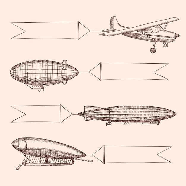 Vektor satz von steampunk handgezeichnete vintage luftschiffe und luftballons mit breiten bändern für text hängen. flugzeugtransport mit fahne, flugzeug lenkbar oder zeppelinillustration