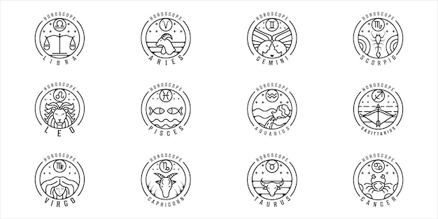 Satz von sternzeichen oder horoskop logo linie kunst vektor illustration vorlage symbol grafikdesign. bündelsammlung verschiedener kreisabzeichen der astrologie mit typografie