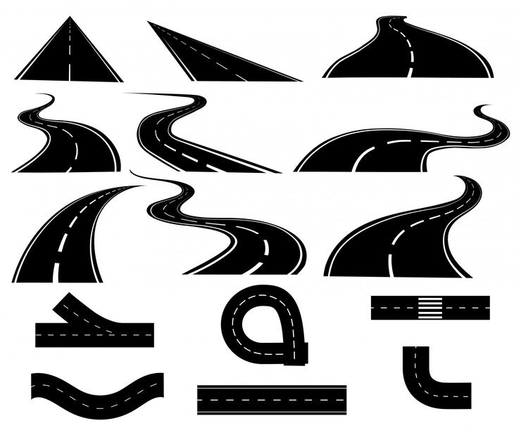 Vektor satz von straßen. sammlungsspuren. schwarze weiße straßenillustration. autobahn.