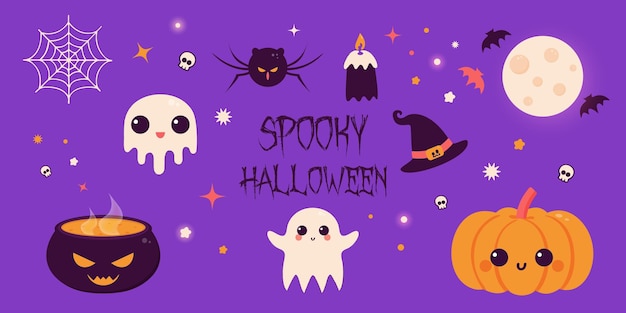 Satz von süßen Halloween-Elementen Geister Kürbis Kessel Hexe Hut Spinne Feiertag Banner Design Vektor