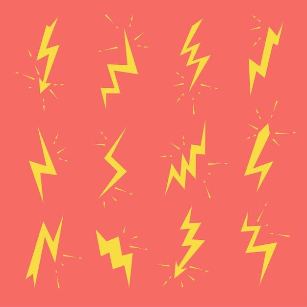 Satz von Symbolen für Blitzbolzen Thunderbolts-Spannung, Stromblitz und Stromzeichen