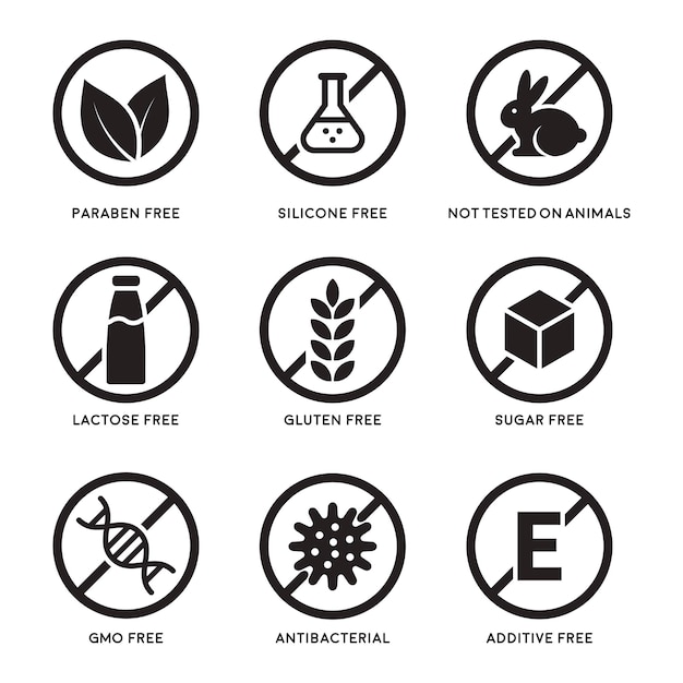 Vektor satz von symbolen glutenfrei, laktosefrei, gvo-frei, paraben, lebensmittelzusatzstoff, zuckerfrei, nicht an tieren getestet, antibakteriell, silikonvektorsymbole